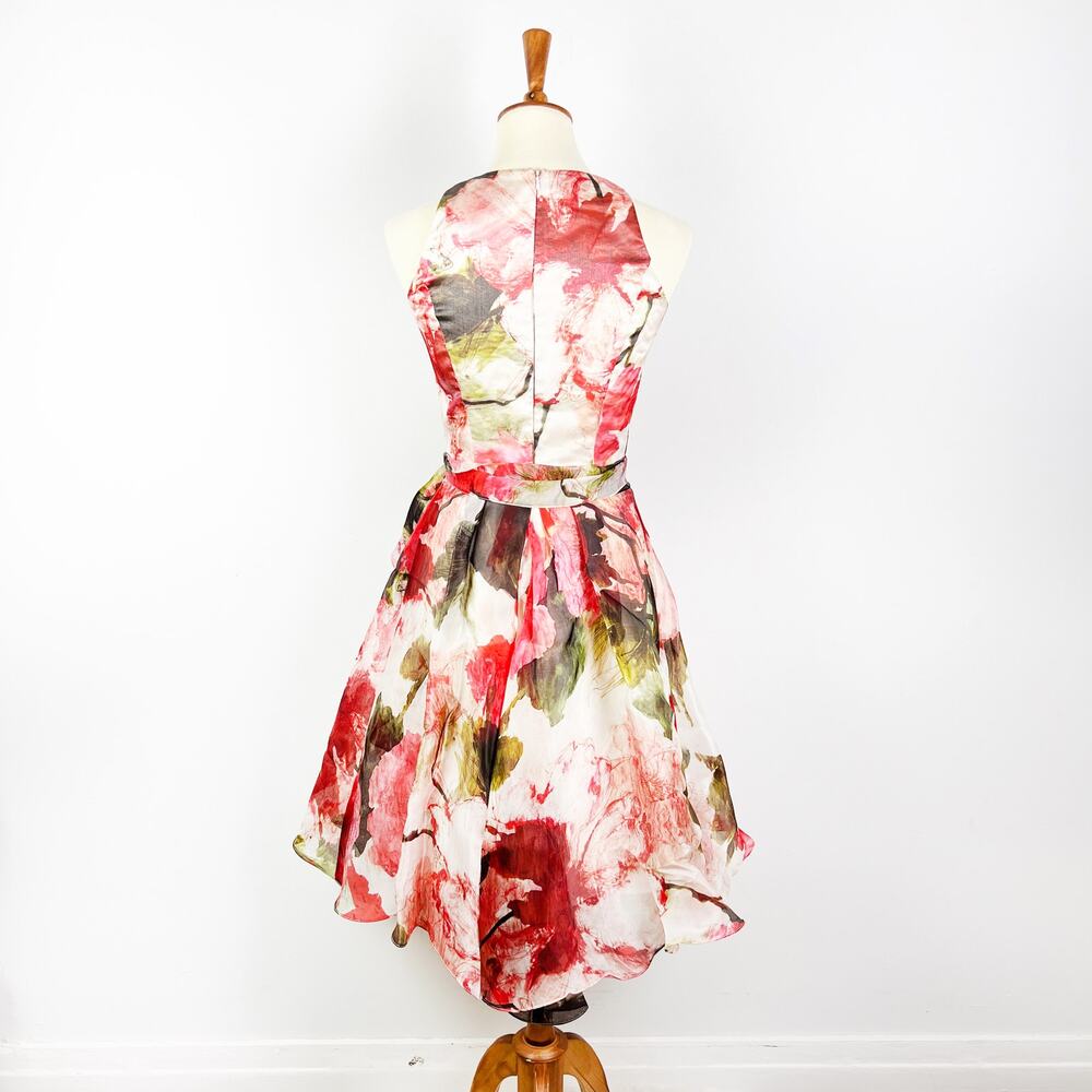 Carmen Marc Valvo silk chiffon floral high low dress pink red green size 2 flaws - Picture 2 of 10